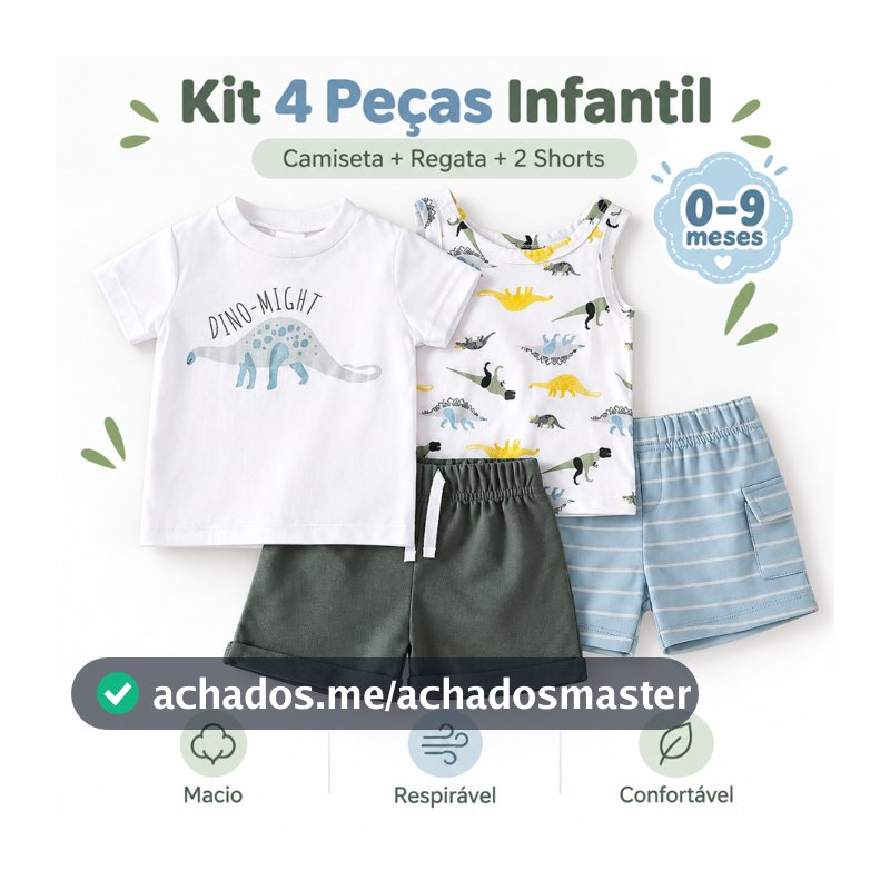 Kit 4 Peças Bebê Menino Camiseta Regata 2 Shorts Dinossauro Verão Respirável