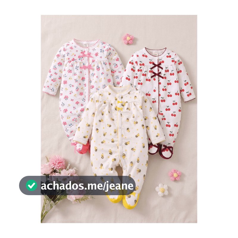 Kit 3 Macacões Bebê Estampado com Pezinho