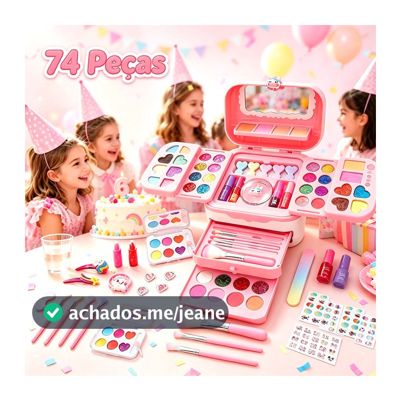 Kit Maquiagem Infantil Brinquedo 74 Peças Lavável, Estojo Completo Com Espelho, Presente De Aniversário Para Meninas