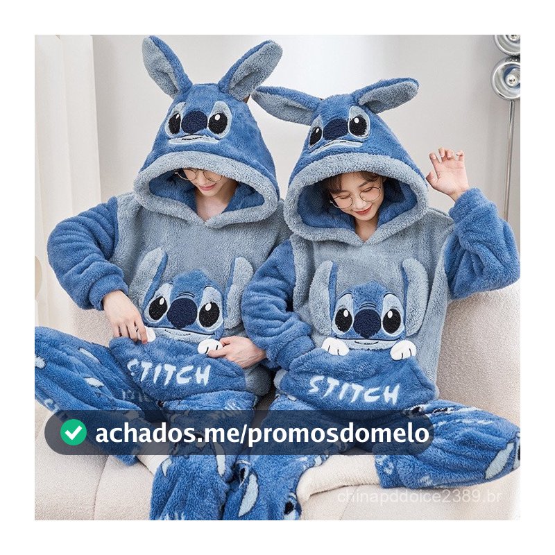 Pijama Stitch Casal Inverno Flanela Coral - Conjunto com Capuz e Meias Antiderrapantes