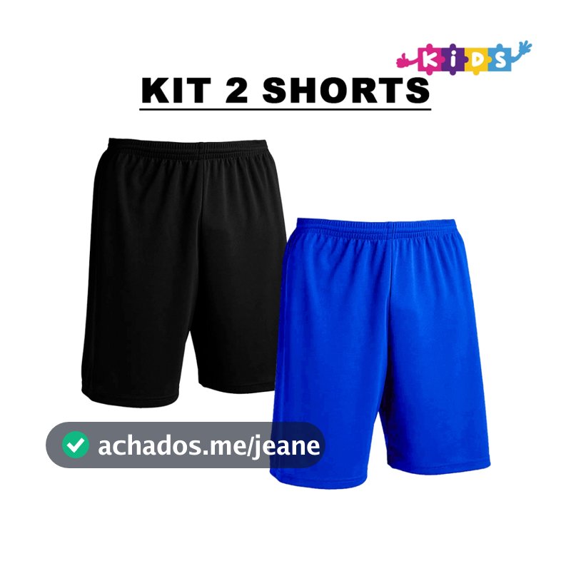Kit 2 Bermudas Infantil Preto + Cores Calção Shorts De Futebol em Poliéster - Liso