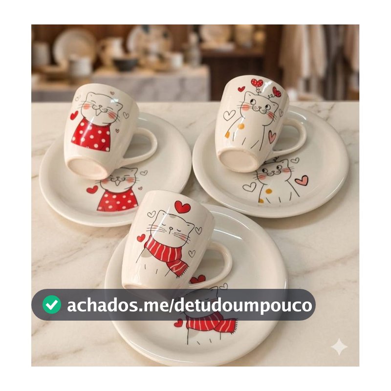 Kit Jogo Caneca Landy 240ml + Prato Sobremesa Lanche em Porcelana Linha Kids Gatinha Branco
