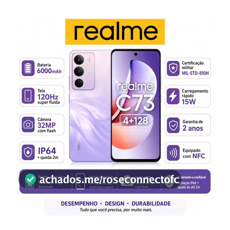realme C73 8+256GB Smartphone Celular Versão Global Bateria 6000mAh Câmera 50MP NFC Tela 6,67 Violet