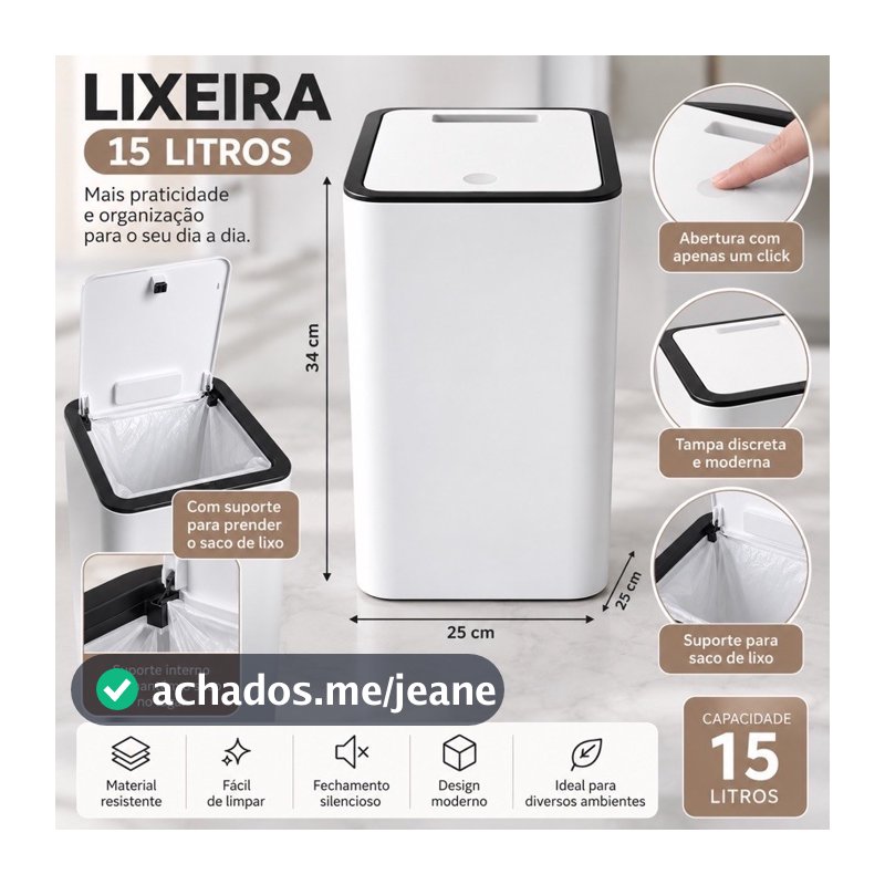 Lixeira Inteligente 15 Litros Cesto Multiuso com Tampa Click Cozinha Banheiro Escritório