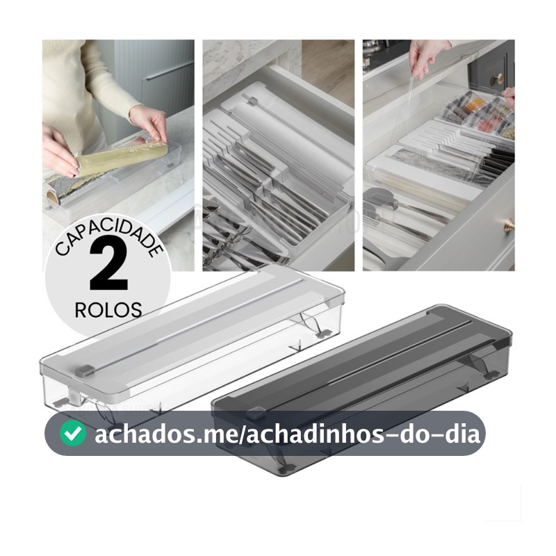 Organizador de Rolos Duplo e Cortador de Plástico Filme Papel Alumínio Manteiga Ou 37cm x 12cm