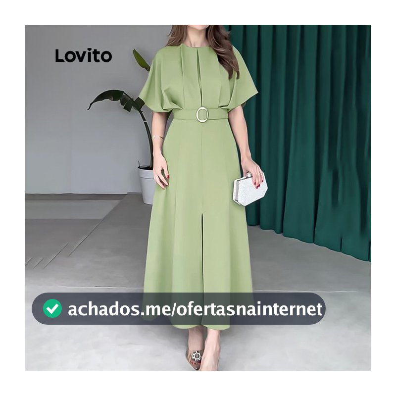 Lovito Elegante Vestido plissado com cinto primavera/verão vestido verde para mulheres L176LD084