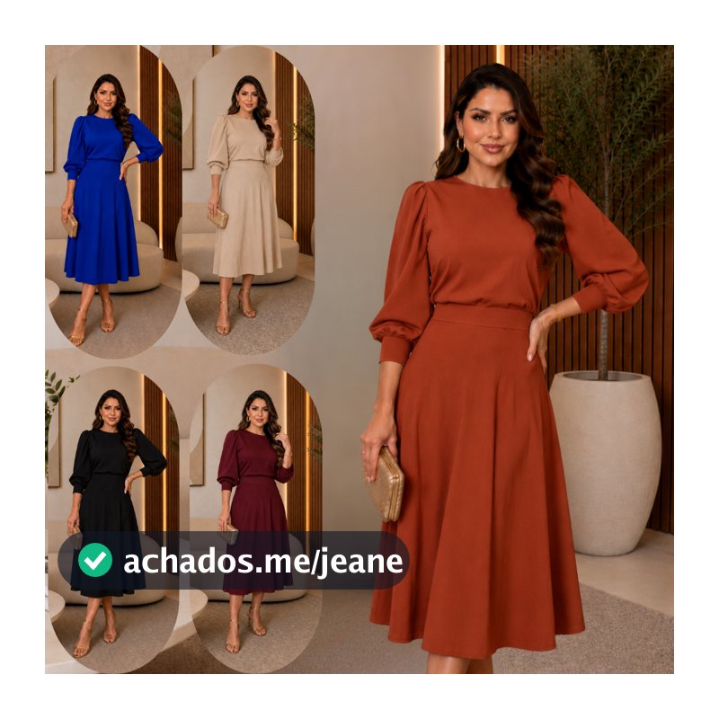 VESTIDO FEMENINO MIDI RODADO CREPE DE MALHA MANGA 3/4 BUFANTE MODA EVANGELICA CASUAL ELEGANTE FESTA