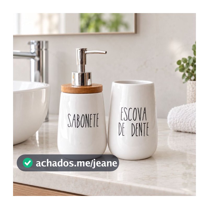 Kit Banheiro Cerâmica Branco Dispenser Sabonete e Escova de Dente Pote Banheiro Tampa de bambu 2 Pçs