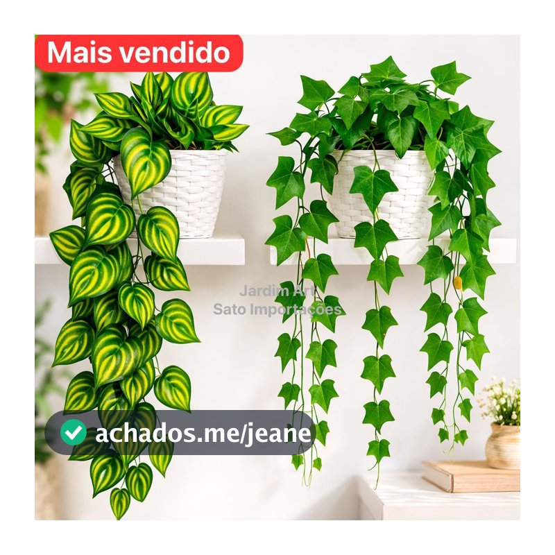 Arranjo Completo 1 Vaso Vime Trançado BRANCO + 1 Pendente Planta Pendurada Hera Ivy Verde PT11BRANCO