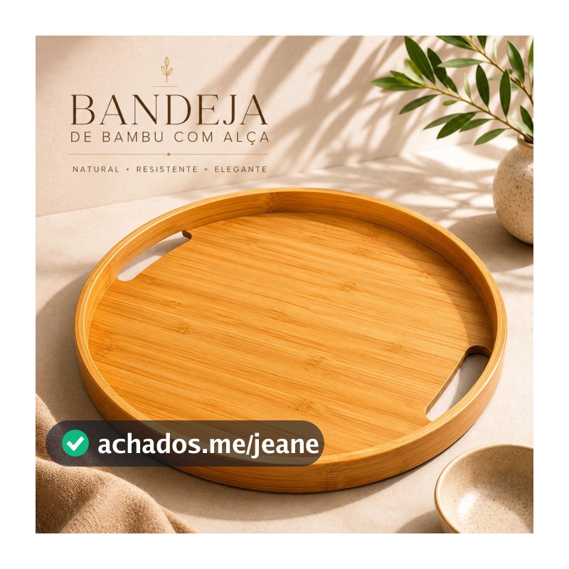 Bandeja Redonda Bambu com Alça para Café da Manhã Mesa Posta Servir Petiscos Decoração Gourmet Luxo Casa