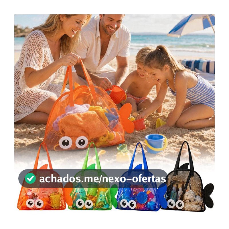 Bolsa De Praia Estilo Peixe De Malha Respirável-Organizador De Brinquedos De Areia Grande Dobrável-Infantil De Desenho A