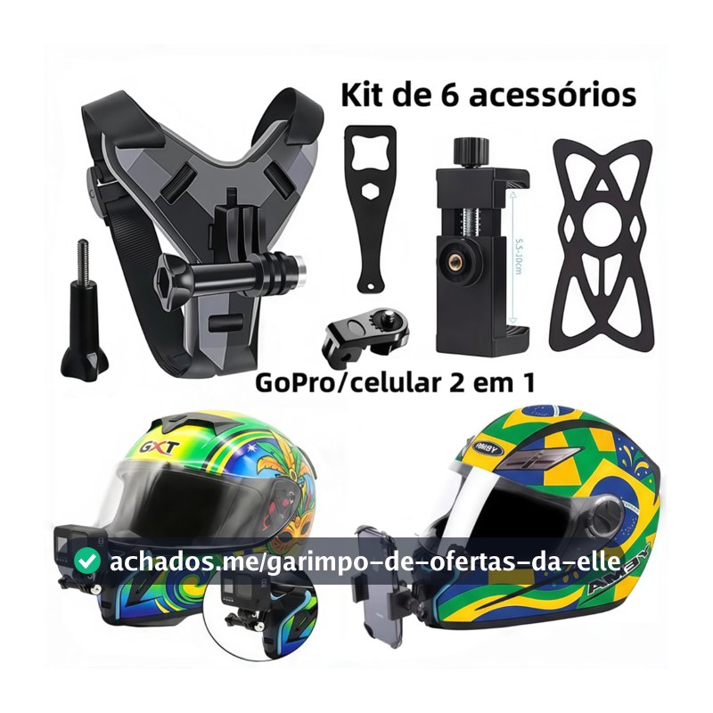 Três cores 6 kits Suporte Camera Celular Capacete Queixo(GoPro/SJCAM) e Smartphones - Ideal para Motociclismo e Aventura