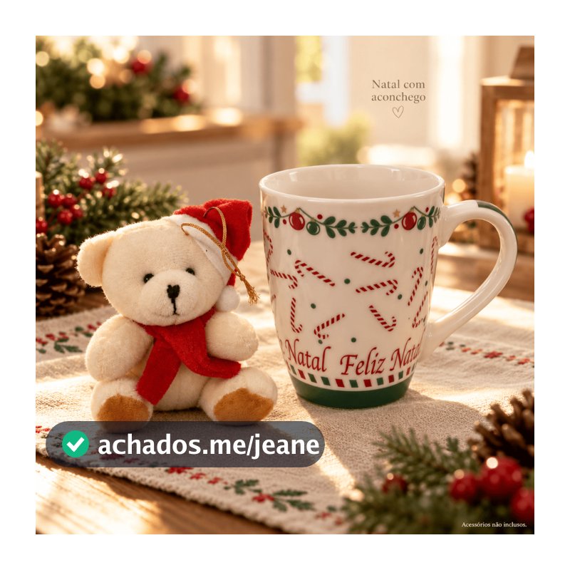 Kit Caneca + Pelúcia de Natal Presente de Natal Caneca Cerâmica 300ml Ursinho Natalino