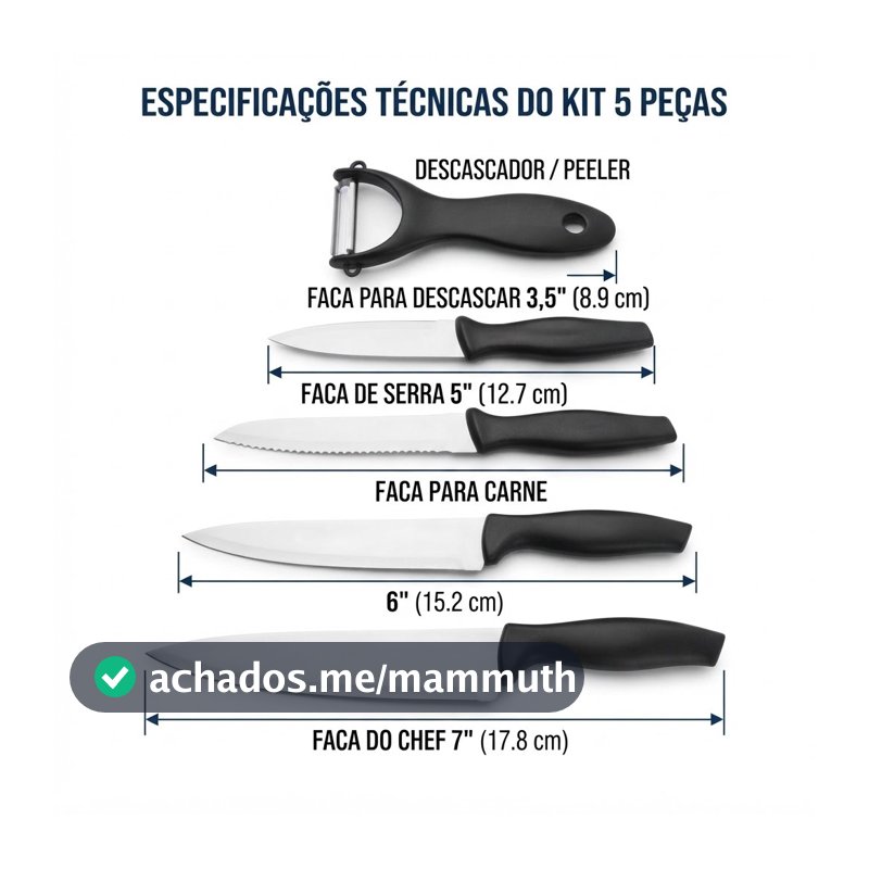 Kit Jogo De Facas Inox Cozinha 5 Peças Com Descascador Faca Do Chef 7" Faca De Serra Faca De Carne E Legumes Aço Inoxidá