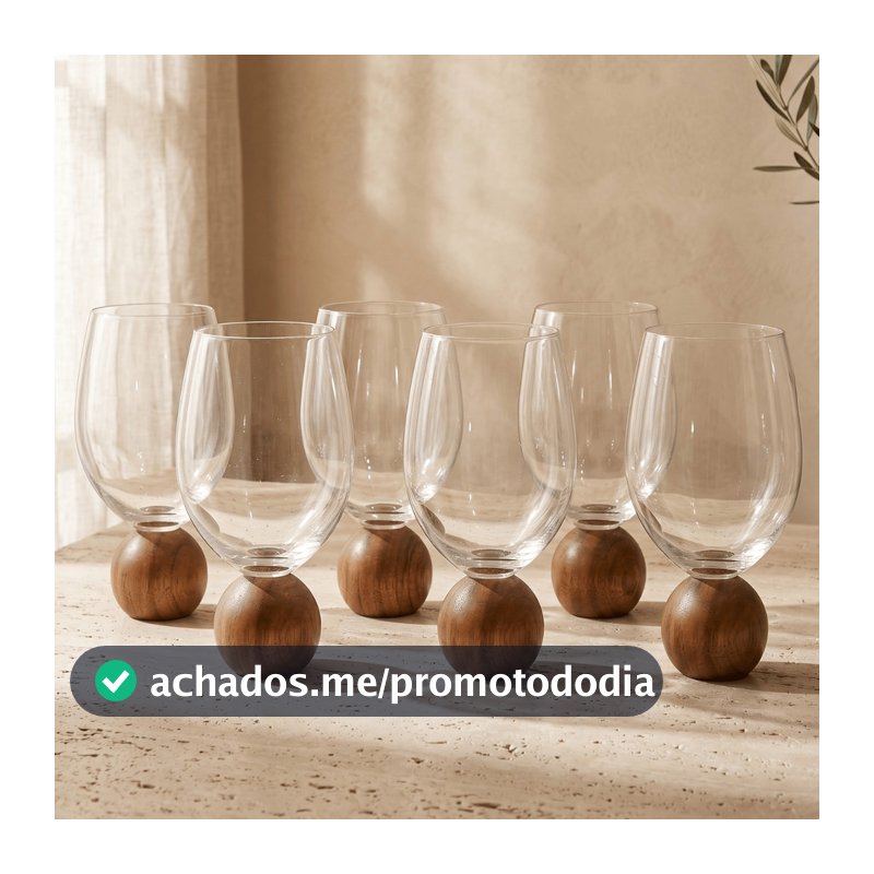 Jogo 6 Copos Mori em vidro bubble Esfera Bola madeira acácia 450ml Luxo Moderno Design Orgânico