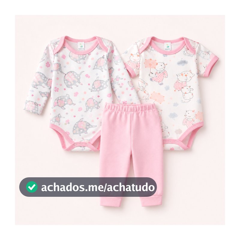 Kit Trijunto Bebê Menina 3 Peças Body (Manga Longa + Manga Curta + Calça) Algodão Confortável RN ao G