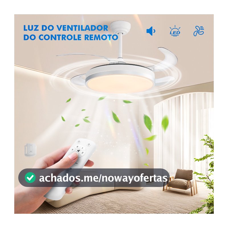Ventilador de Teto 4 Pás Retráteis Ultra Silencioso LED Multicolor Moderno Spotline com Temporizador, Memória de Brilho