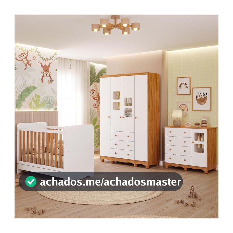 Quarto Bebê Completo Berço Americano Ben 3 Em1 Guarda Roupa 4 Portas e Cômoda Uli 4 Gavetas 100% MDF