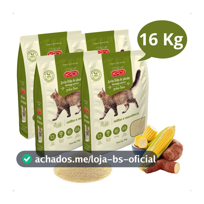 Kit 4 Areia Higiênica Natural Biodegradável de Grãos Finos de Milho e Mandioca para Gatos Kadi 16 kg