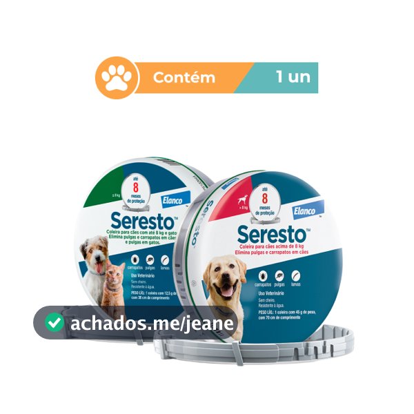 Coleira Antipulgas Seresto para Cães Até 8kg ou Acima de 8kg Proteção por 8 Meses