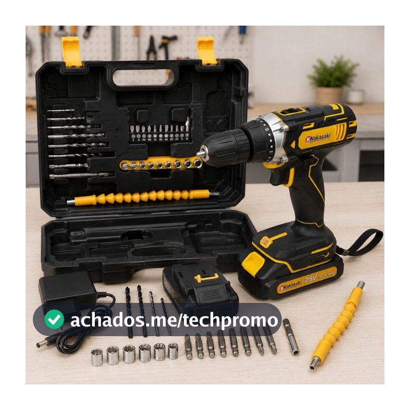 Parafusadeira Furadeira 25V Nakasaki Sem Fio a Bateria Profissional Kit Completo com Maleta