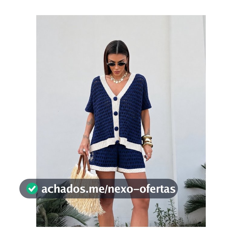 Conjunto Tricot Feminino Crochê Rendado Camisa Max Colete Botões e Short Forrado Verão Moda Confortável Tendência