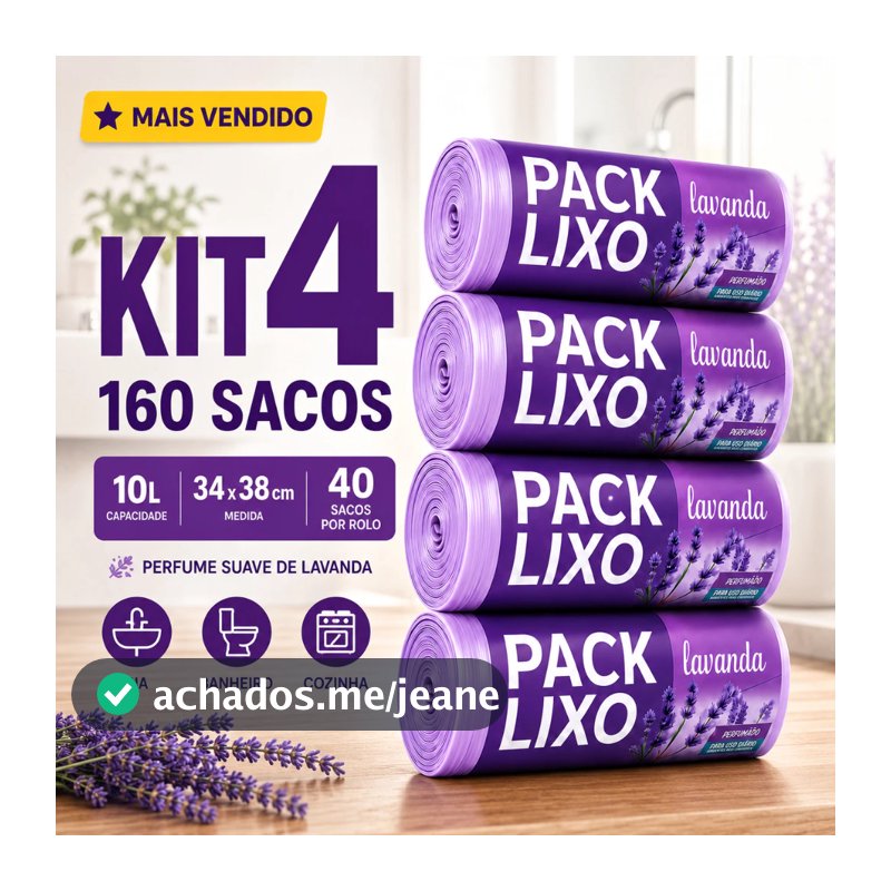 Kit 4 Rolos Saco de Lixo Perfumado Lavanda 10L 160 Sacos Pia Banheiro Resistente Antiodor