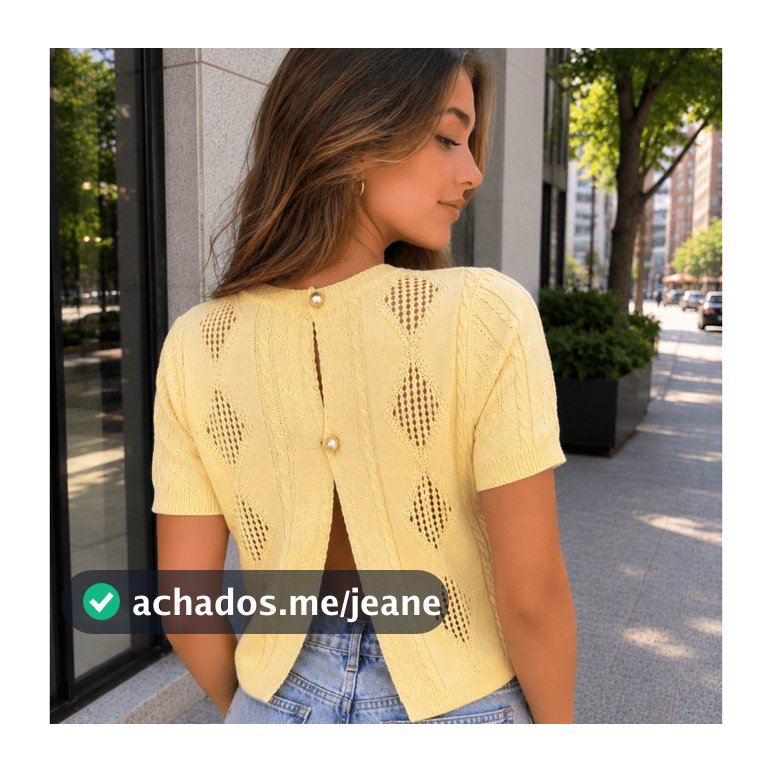 Blusa Feminina Estilosa Tricô Manga Curta com Abertura nas Costas e Botões de Pérola Casual Elegante