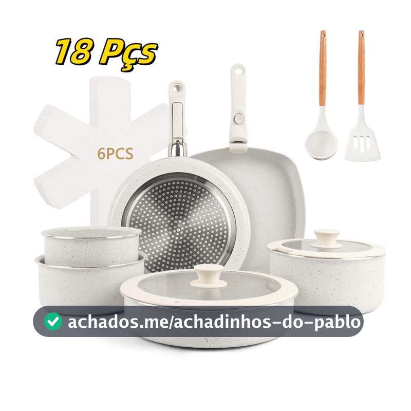 Jogo de Panelas de 18 Peças com Fundo Triplo Cerâmico, para Indução e Gás, com Cabo Removível