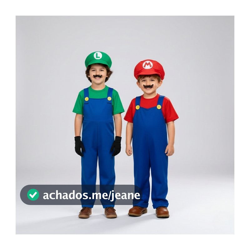 FANTASIA COMPLETA MARIO OU LUIGI + CHAPÉU + BIGODE / FANTASIA PARA CRIANÇAS / CARNAVAL / HALLOWEN