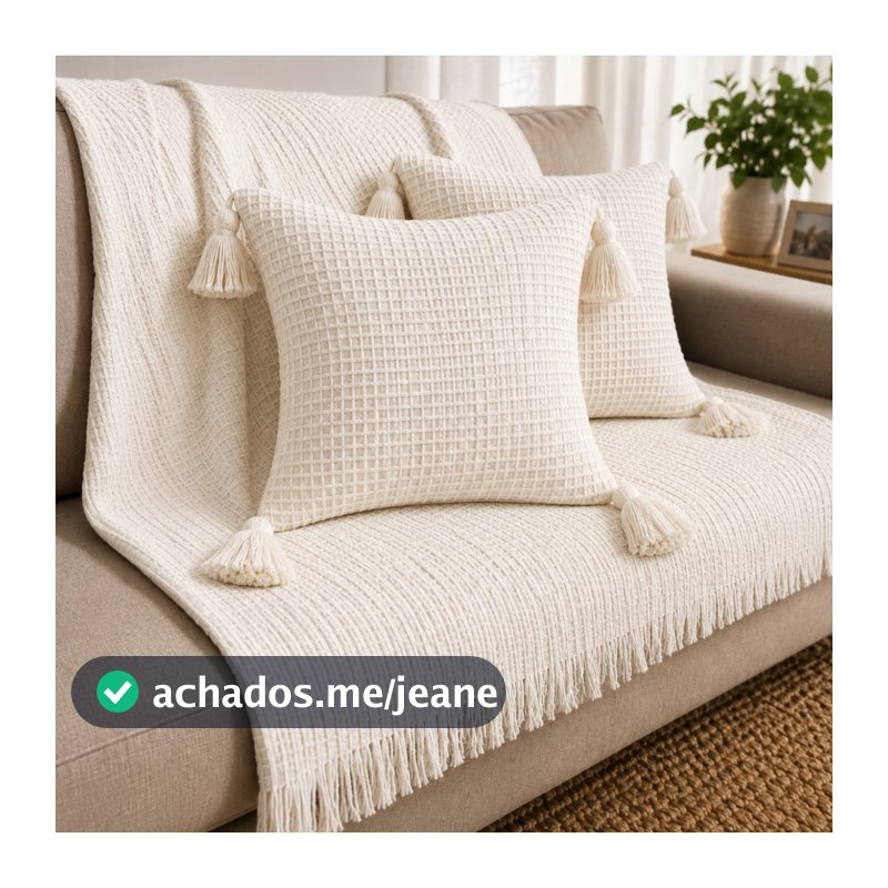Kit Manta Xalé Decorativa + 2 Capas Almofadas 45x45cm Pompom Ester Algodão Decorativa Luxuosa
