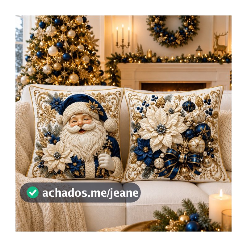 Kit 02 Capas de Almofadas Natalinas 45cm Estampada Natal Azul 2026 Decoração Sala