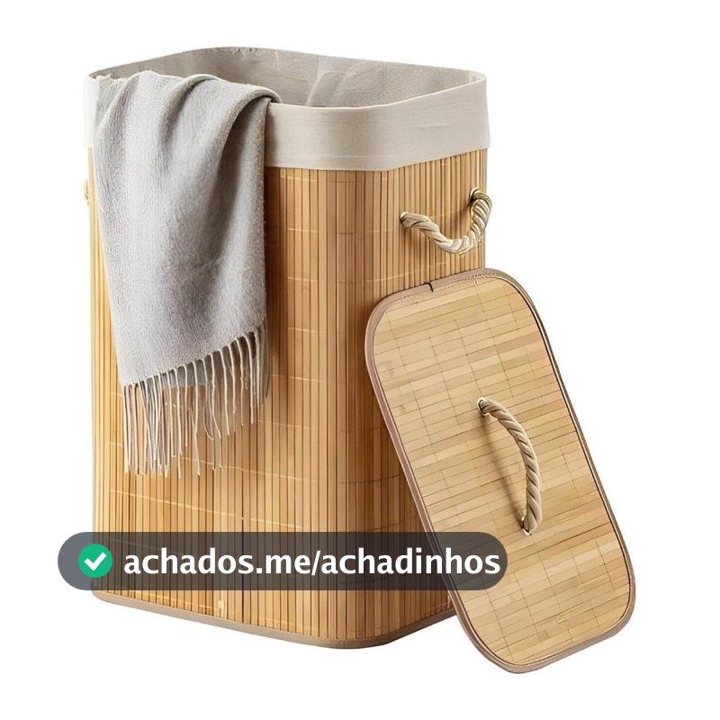 Cesto De Roupa Suja Bambu Dobravel Organizador 72L Forrado Banheiro 60cm Grande Cesto Retangular