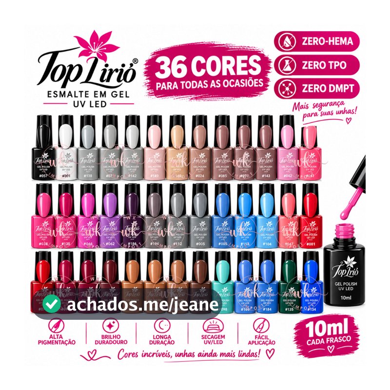 Kit 36 Esmaltes em Gel UV LED TOP LÍRIO 10ml Zero HEMA TPO DMPT Alta Pigmentação