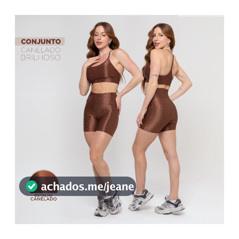Conjunto Fitness Feminino Trilobal Canelado – Top Alcinha + Short Brilhoso Cós Alto Premium Academia