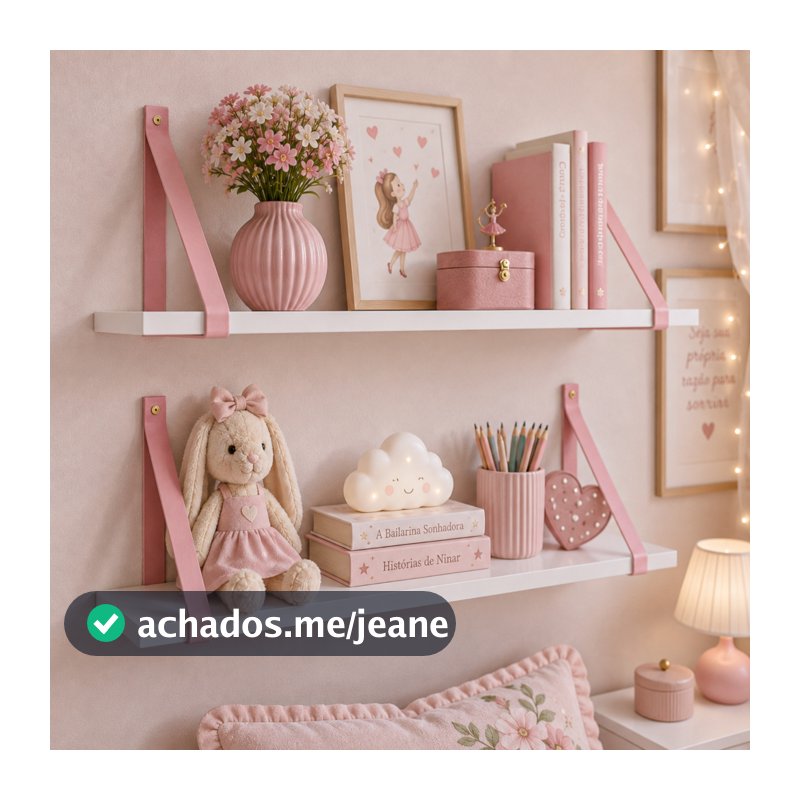 Kit 2 Prateleiras MDF Branco Premium 60x20 alças em couro rosa Decoração Quarto Infantil Organizador