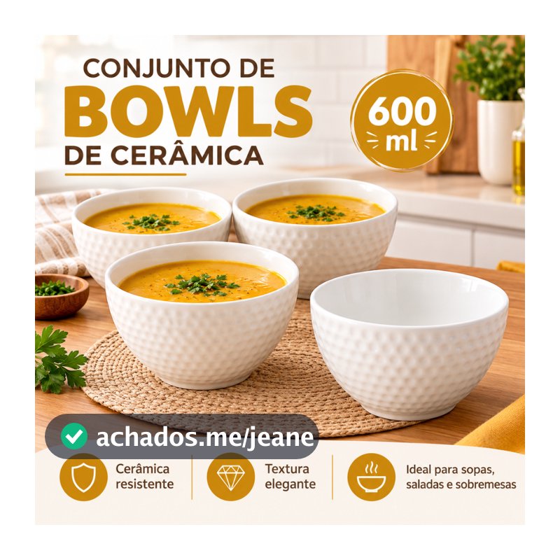 Kit 2 / 4 / 6  Bowl De Cerâmica Tigela Multiuso Redondo Linear Luxo Creme e Branco Presente Pote