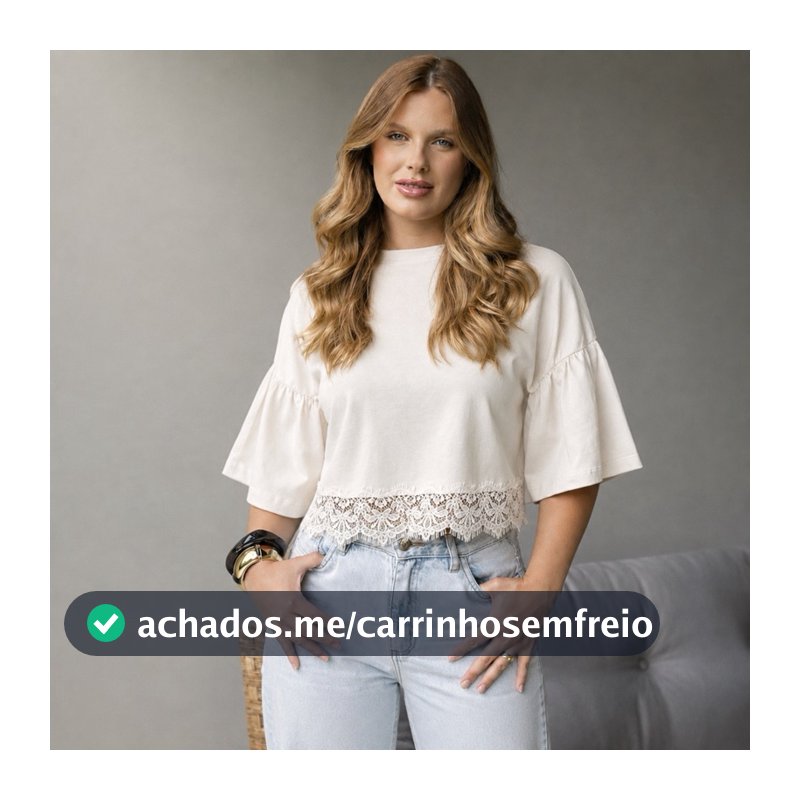 cropped luna oversized com manga de babadinho e renda na barra