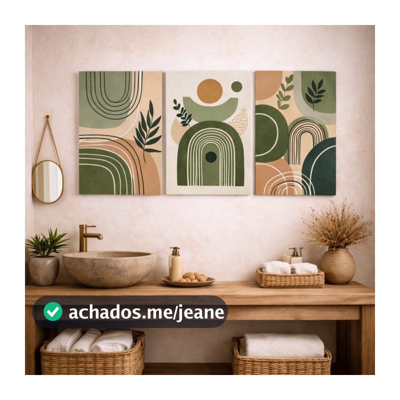 Kit 3 Quadros Decorativos Boho Verde Orgânico Arte Geométrica Moderna para Sala