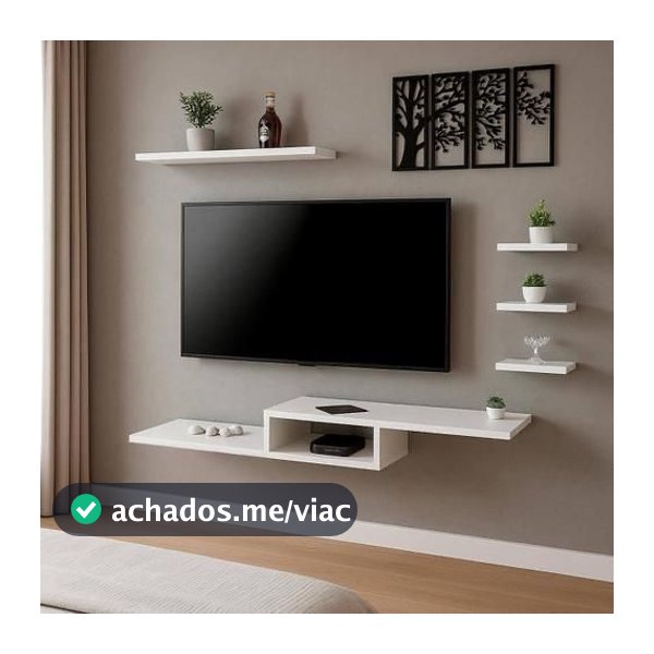 Rack Para Tv Suspenso Mdf + Kit 4 Prateleiras Nicho Sala Quarto Fácil Montar