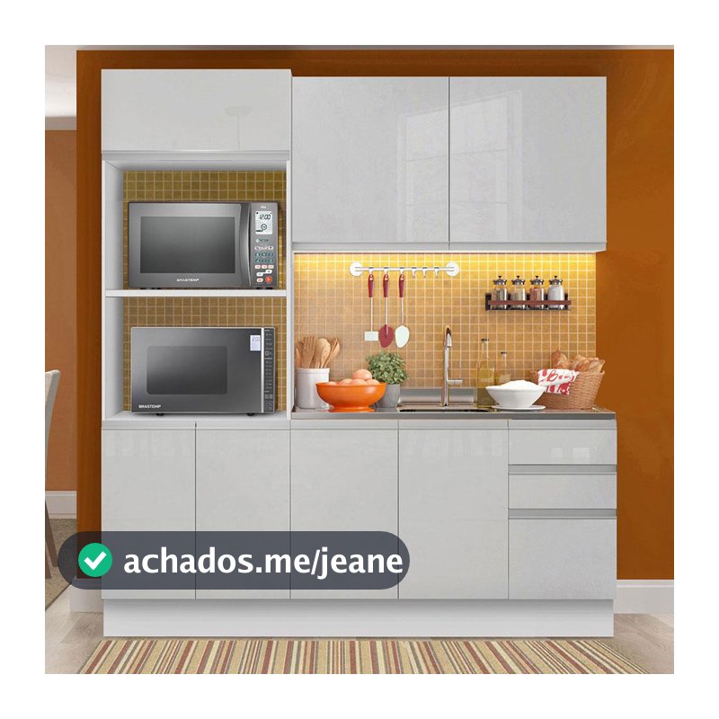Armário de Cozinha Compacta 100% MDF Madesa Acordes XB190001 com Balcão e Torre Portas Branco Brilho