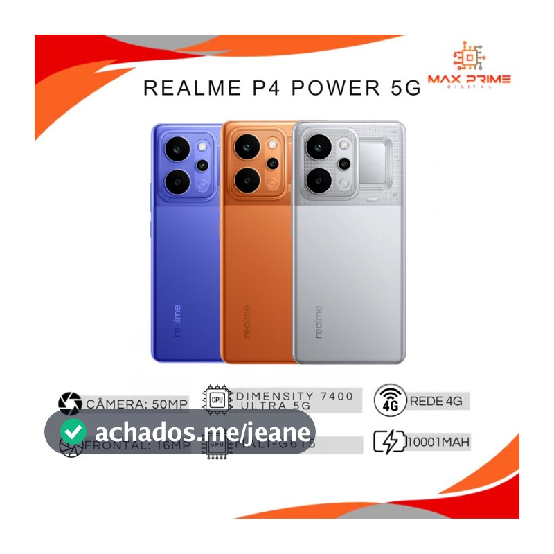 Realme P4 Power 5G, Versão Global, 256/512GB com 8/12GB RAM, Processador  Dimensity 7400 Ultra, Bateria 10001mAh