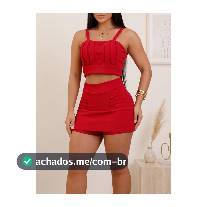 Conjunto Feminino Malha Crepe Cropped Detalhado e Short Saia Botões Forrados