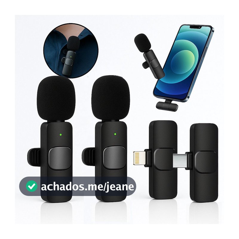Microfone De Lapela Duplo Compatível iPhone Longo Alcance Entrada Lighting Sem Fio Profissional