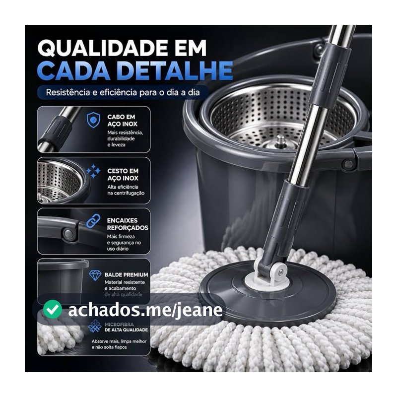 Mop Giratório Cesto Inox Cabo  Regulável 9 Litros Resistente