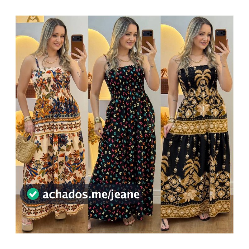 Vestido Feminino Longo Estampado Com Alça De Regulagem e Elastex