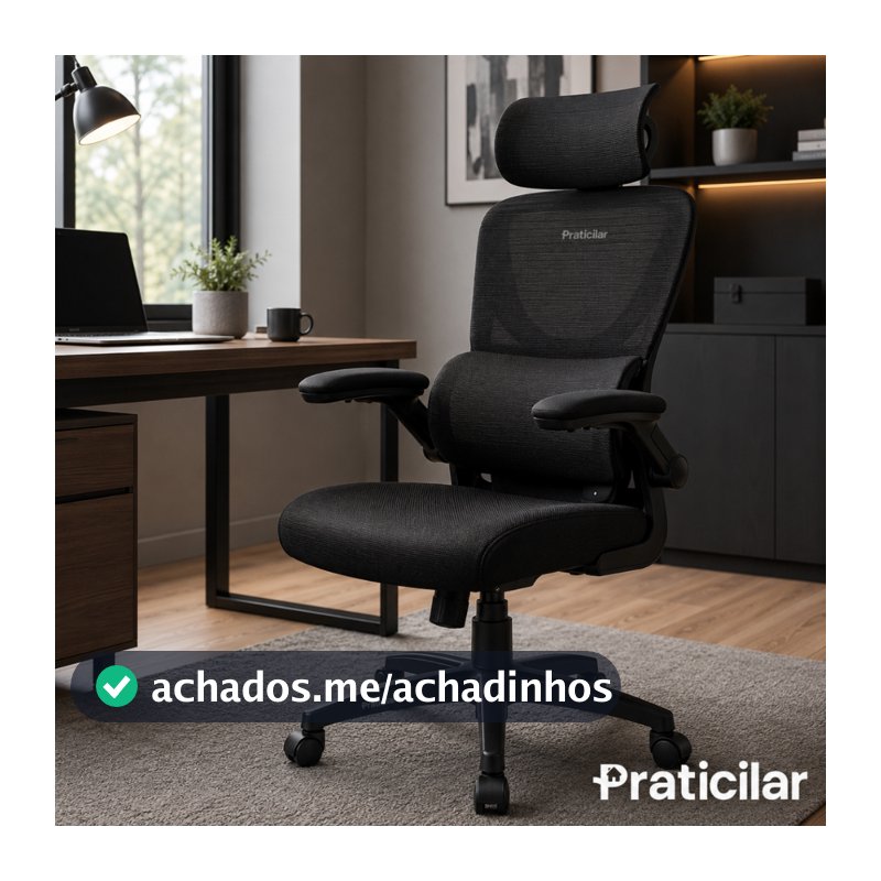 Cadeira Escritório Ergonômica Presidente P500 Preto Com Suporte Lombar Encosto Cabeça Estofado Mesh Praticilar