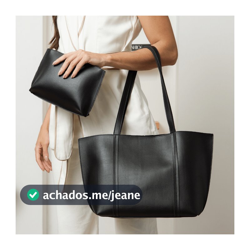 Kit Bolsa Sacola Tote Grande Minimalista com Bolsa Necessaire Interna Preta Alça de Ombro Premium