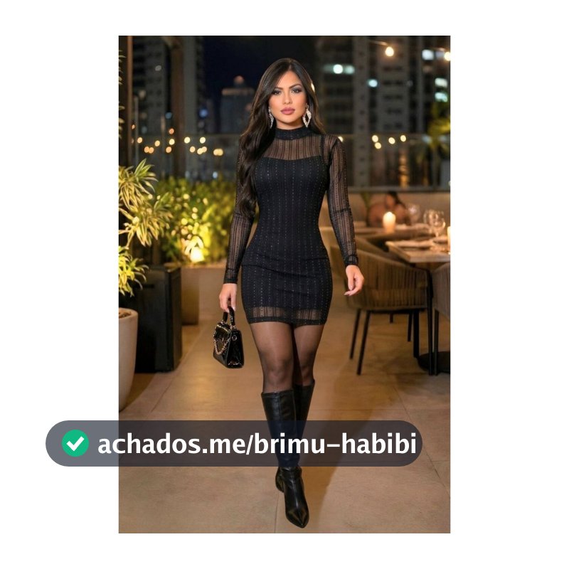 Vestido Preto Curto De Tule com Manga Longa com Detalhes em Gliter Brilhante