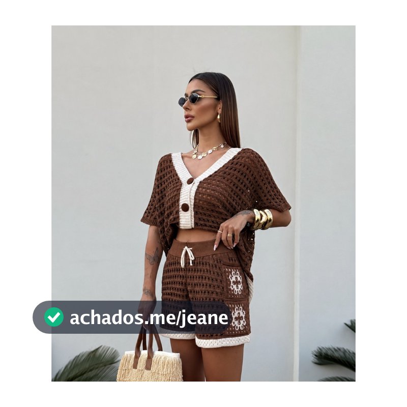 Conjunto Tricot Feminino Crochê Rendado Camisa Max Colete e Short Forrado Elegante Confortável Boho Chic Tendência Verão